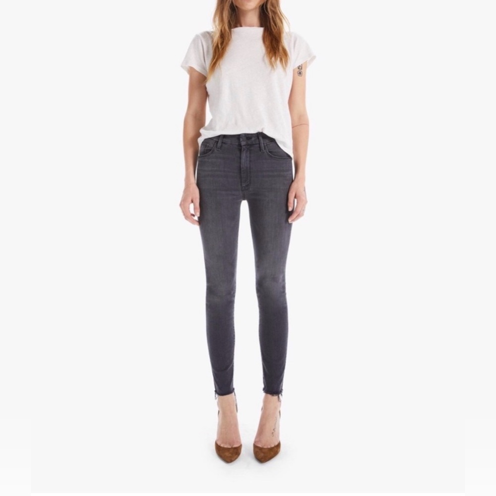 MOTHER The High Waisted Looker Ankle Fray Jeans Washed Black Grey Size 25